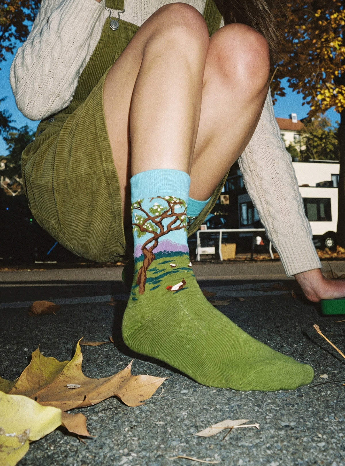 Bloeiende Boomgaard sokken buiten gedragen, zittend op de stoep
