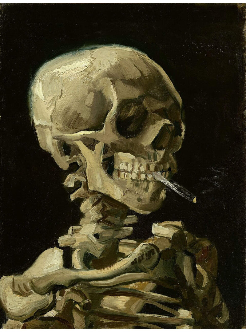 Schädel eines Skeletts mit brennender Zigarette