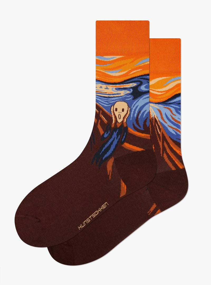 De Schreeuw sokken van Kunstsokken naar Edvard Munch, de schreeuwende figuur onder een oranje en blauwe lucht