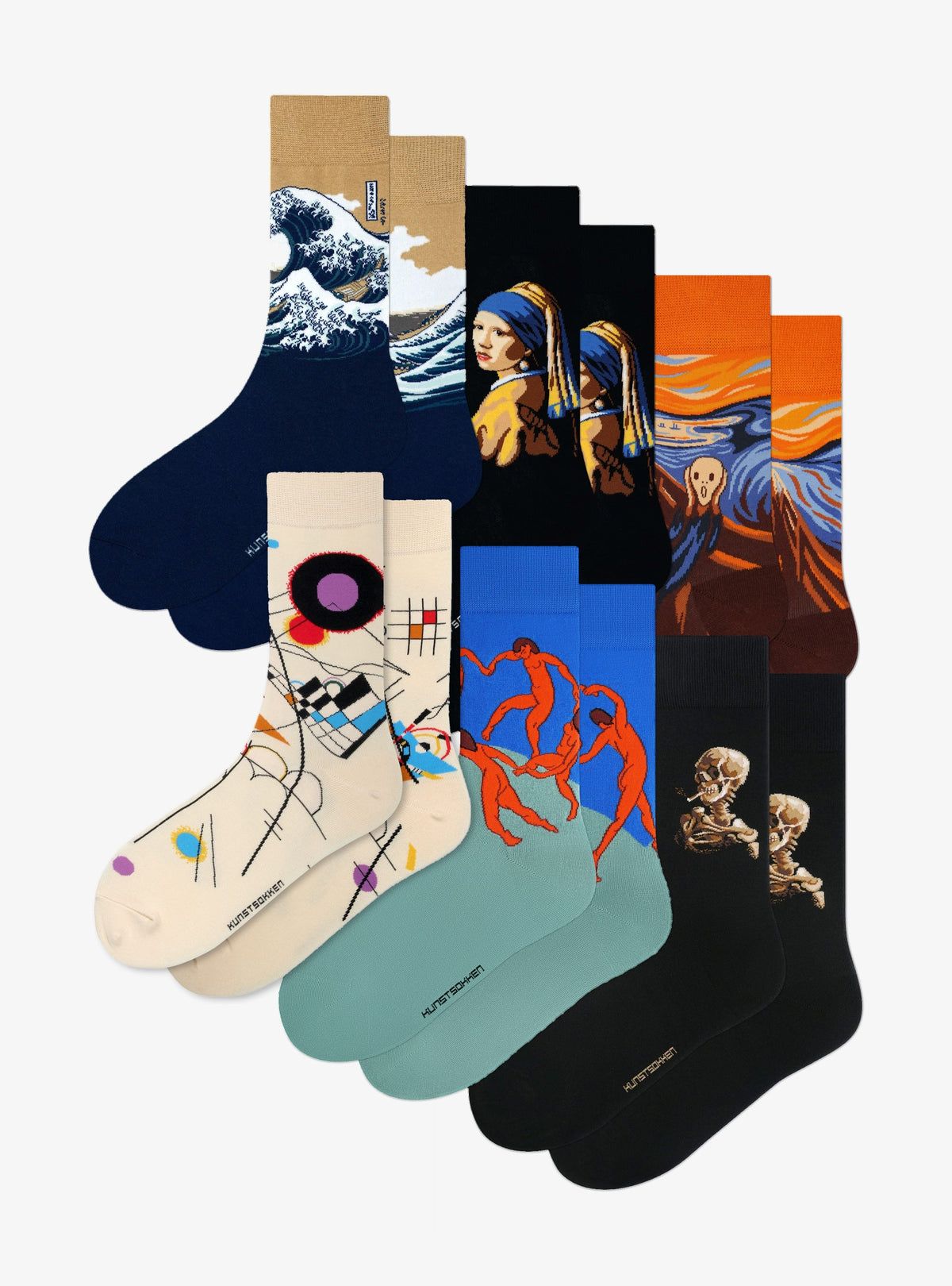 Die großen Ikonen 6er-Pack von Kunstsokken: Die große Welle vor Kanagawa, Mädchen mit dem Perlenohrring, Der Schrei, Komposition VIII, Der Tanz und Schädel eines Skeletts mit brennender Zigarette Socken
