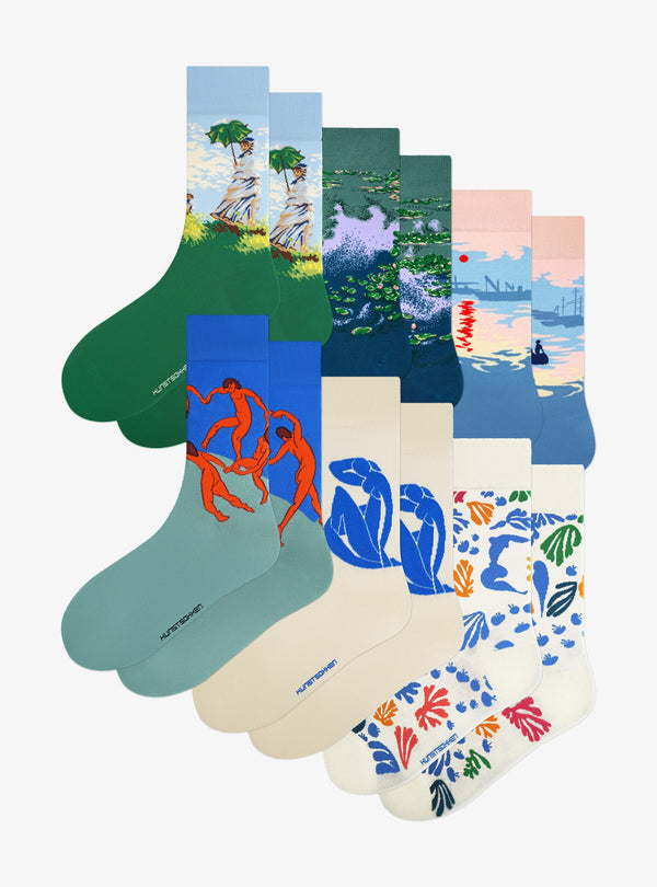 Französische Meister 6er-Pack von Kunstsokken: Frau mit Sonnenschirm, Seerosen, Impression, Sonnenaufgang, Der Tanz, Blauer Akt und Der Papagei und die Meerjungfrau Socken