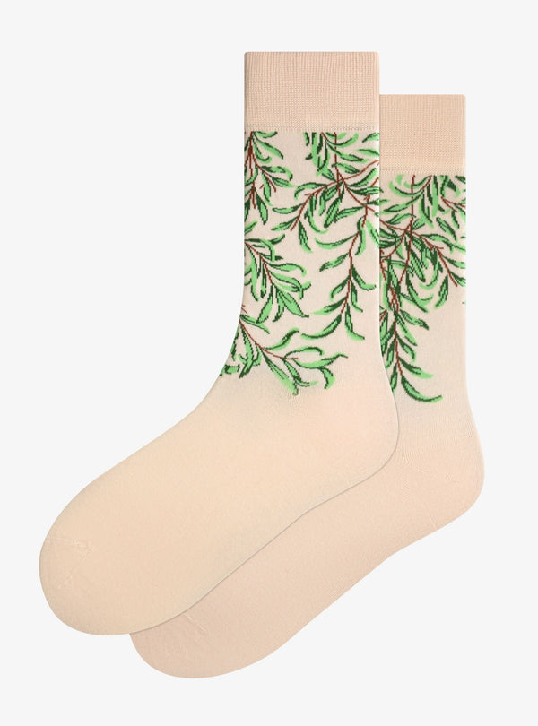 Willow Bough Socken von Kunstsokken nach William Morris, Creme mit grünen Weidenzweigen